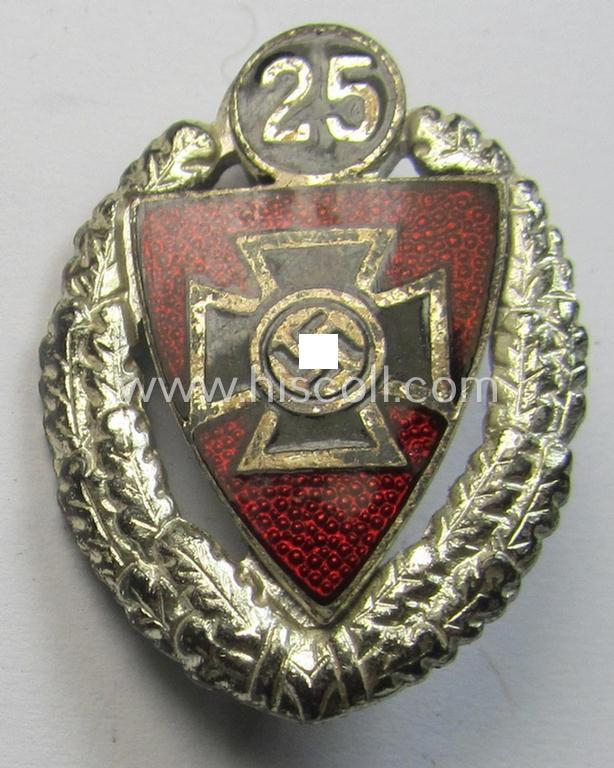 Honorary-membership lapel-pin (aka: 'Silberne Ehrennadel für 25 Jahre Mitgliedschaft im Nationalsocialistischer Reichskriegerbund' (ie. 'N.S.R.K.B.') being a maker- (ie. '4'-) marked example that also bears a: 'Ges.Gesch.'-designation on its back