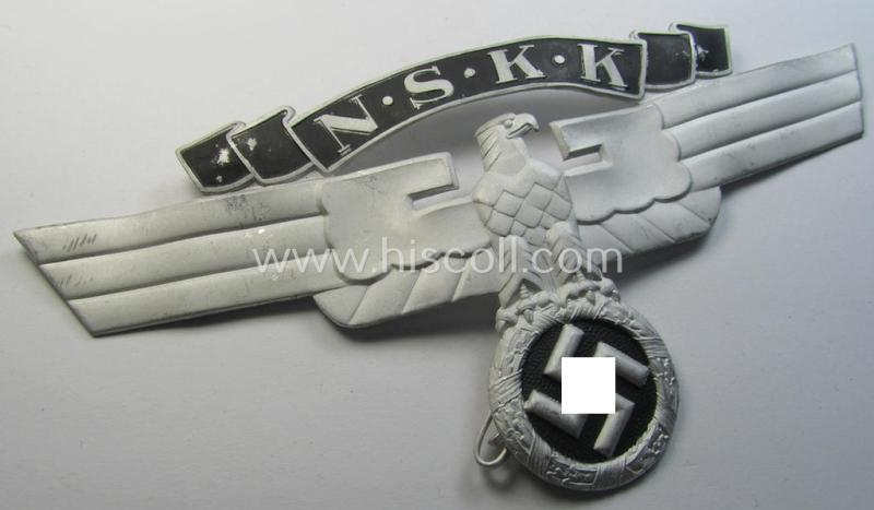 Superb, aluminium-based so-called: N.S.K.K. (or: 'National Socialistisches Kraftfahr Korps') crash-helmet eagle-device (ie. 'Adler für N.S.K.K.-Sturzhelm') being a neatly maker- (ie. 'RzM M1/8'-) marked example of the second pattern