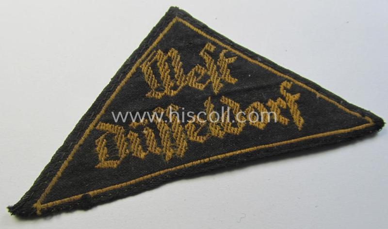 Neat 'HJ' ('Hitlerjugend') district-triangle (ie. 'Gebietsdreieck') entitled: 'West Düsseldorf' (being a moderately used- and/or worn example that has lost its once-attached 'RzM'-etiket)
