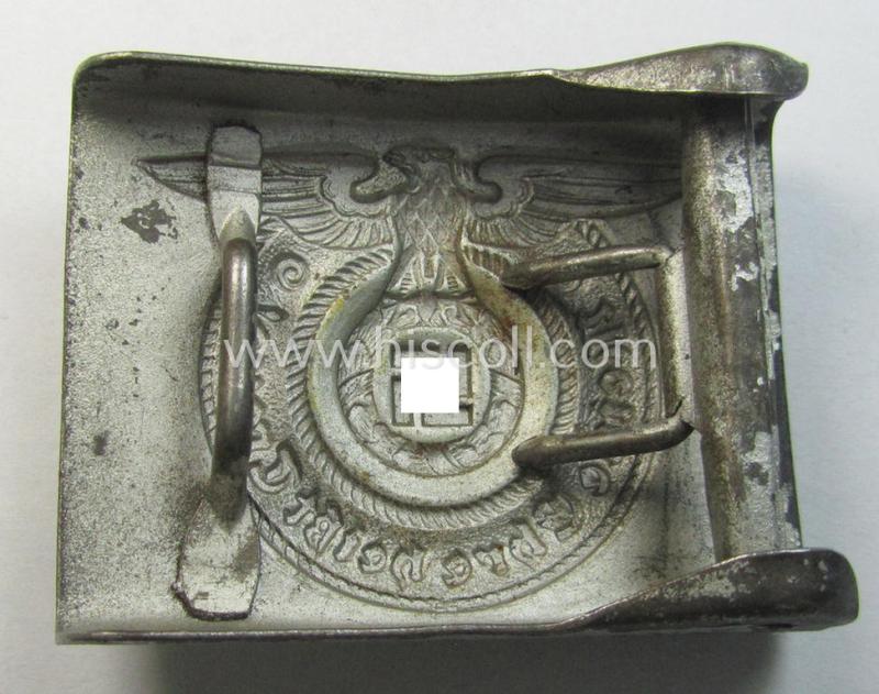 Attractive, Waffen-SS enlisted-mens'- (ie. NCO-) type belt-buckle (being a typical, unmarked and typical steel-based: 'Overhoff & Cie'-example) that comes in a surely issued- and/or moderately used- ie. worn, condition