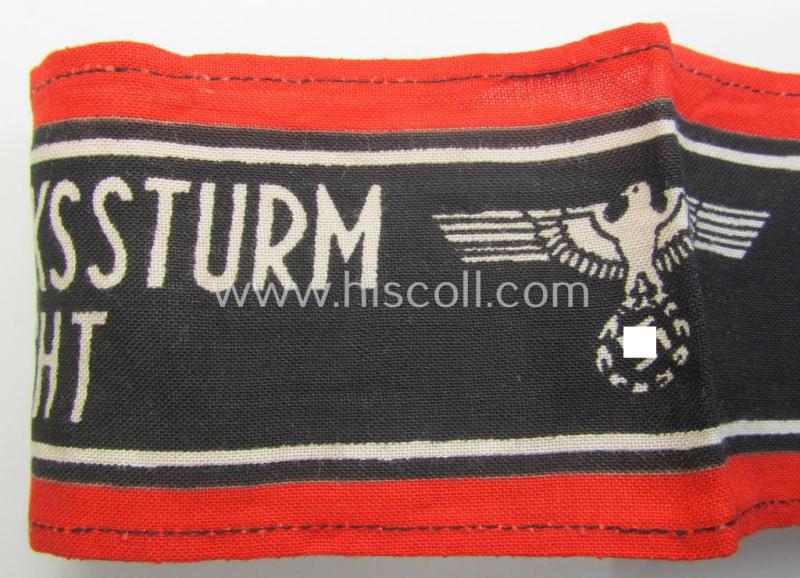 Superb, typically printed- and/or later-war-period, bright-red- and/or black-coloured so-called: 'Deutscher Volkssturm'-armband (ie. 'Armbinde') that comes in an overall very nice- (I deem hardly used- nor worn- ie. 'virtually mint'-), condition