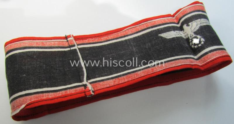 Superb, typically printed- and/or later-war-period, bright-red- and/or black-coloured so-called: 'Deutscher Volkssturm'-armband (ie. 'Armbinde') that comes in an overall very nice- (I deem hardly used- nor worn- ie. 'virtually mint'-), condition