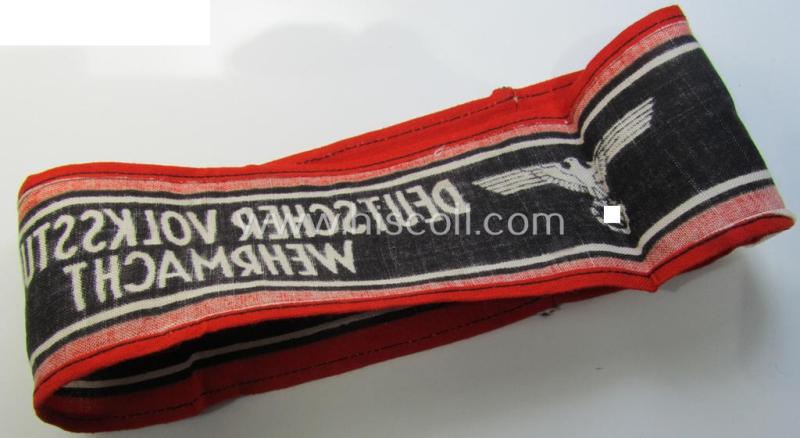 Superb, typically printed- and/or later-war-period, bright-red- and/or black-coloured so-called: 'Deutscher Volkssturm'-armband (ie. 'Armbinde') that comes in an overall very nice- (I deem hardly used- nor worn- ie. 'virtually mint'-), condition