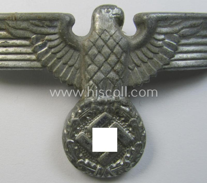Attractive - greyish-silver-coloured- and/or: zinc- (ie. 'Feinzink'-) based (political-style) visor- (ie. 'Schirmmützen'-) cap-eagle being a detailed example that is neatly: 'RzM' and/or 'M1/49' marked on its back