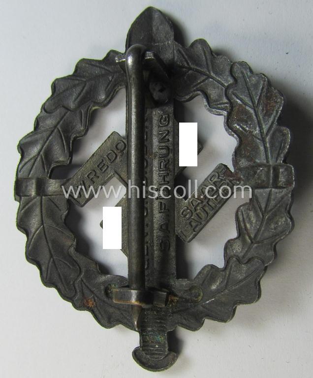 Neat - and just moderately used! - early- (ie. mid-) war period example of an: 'SA-Sportabzeichen in Bronze' being a nicely maker- (ie. 'W. Redo - Saarlautern'-) marked example that is void of an an impressed bearers'-number
