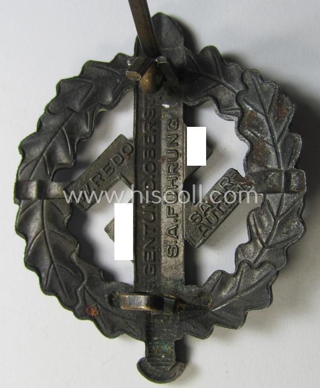 Neat - and just moderately used! - early- (ie. mid-) war period example of an: 'SA-Sportabzeichen in Bronze' being a nicely maker- (ie. 'W. Redo - Saarlautern'-) marked example that is void of an an impressed bearers'-number