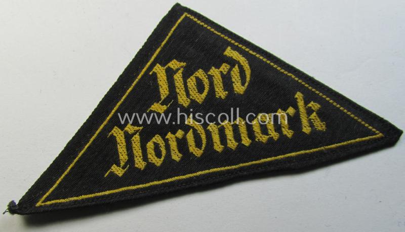 'HJ' ('Hitlerjugend') district-triangle (ie. 'Gebietsdreieck') entitled: 'Nord Nordmark' (being a clearly used- ie worn example that regrettably misses its 'RzM'-etiket)