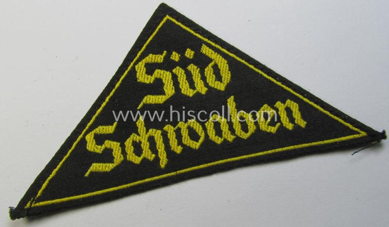 'HJ' ('Hitlerjugend') district-triangle (ie. 'Gebietsdreieck') entitled: 'Süd Schwaben' (being a simply never used- nor worn example that still retains its period-attached 'RzM'-etiket)