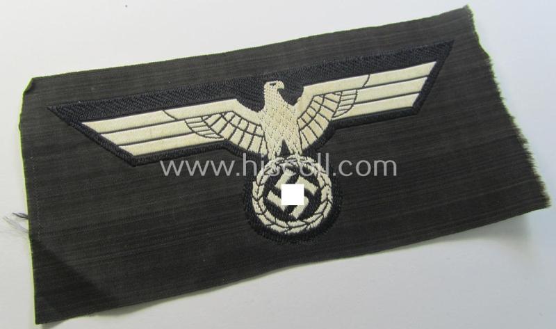 Neat, WH (Heeres) early- (ie. evt. pre-) war-period- and/or white-coloured 'Panzer'-type breast-eagle of the so-called: 'M39'- (ie.'M40'-) pattern as was executed in the neat 'BeVo'-weave pattern on a black-coloured background