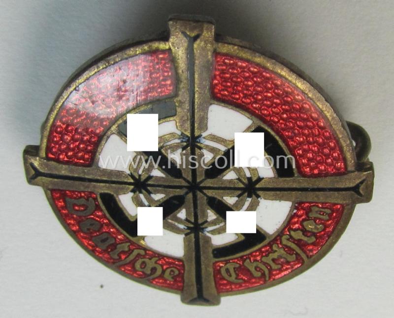 Enamelled 'RDC'- (ie. 'Reichsbewegung Deutsche Christen'-) 'Mitgliedsabzeichen' (or: membership lapel-pin of the first pattern) that is neatly maker- (ie. 'Willi Merten'-) marked and bearing a patent-pending- (ie. 'Ges.Gesch.'-) designation