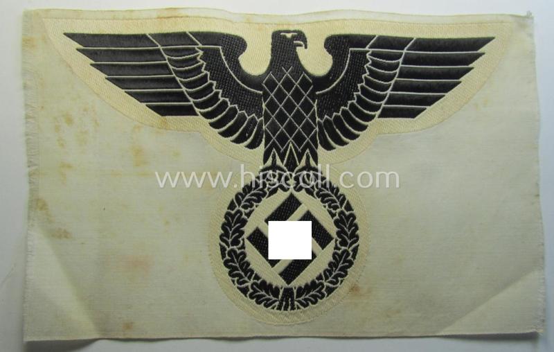 Attractive - and fairly large-sized! - example of a linnen-based N.S.D.A.P.-related sport-shirt badge (ie. 'Brustabzeichen für Sportanzug') as was executed in the neat 'BeVo-weave pattern and that still retains its period-attached 'RzM'-etiket