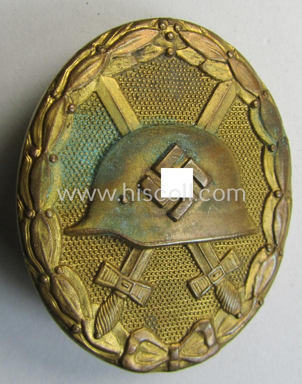 Attractive - luxuriously-styled albeit clearly used- and/or worn! - 'Verwundeten-Abzeichen in Gold' being a typical maker- (ie. '30'-) marked- and/or: 'Buntmetall'-based example as was produced by the Austrian maker: 'Hauptmünzamt Wien'