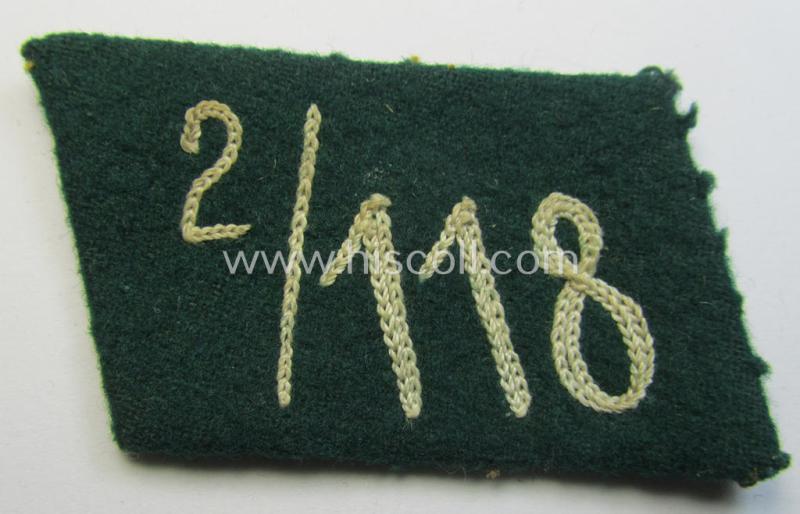 Neat - albeit single! - SA (ie. 'Sturmabteilungen') collar-patch (ie. 'Kragenspiegel') as executed in darker-green-coloured wool as was intended for an: 'SA-Mann' serving within the 'SA-Standarte 118' ('SA-Gruppe Kurpfalz o. Nordsee')