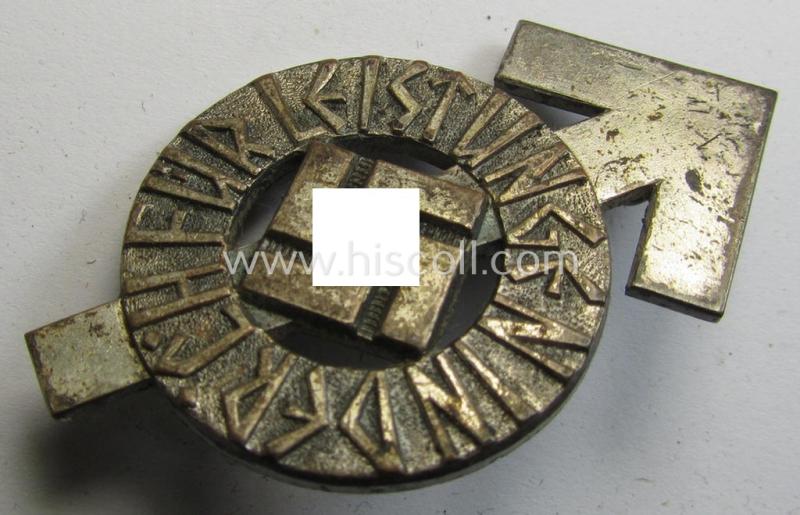 Attractive, HJ- (ie. 'Hitlerjugend'-) sports-badge (or: 'HJ-Leistungsrune') of the silver-class being a clearly maker- (ie. 'RzM - M1/34'-) marked- and/or: 'Buntmetall'-based specimen that shows an engraved (unique) bearers'-numeral ('91194')