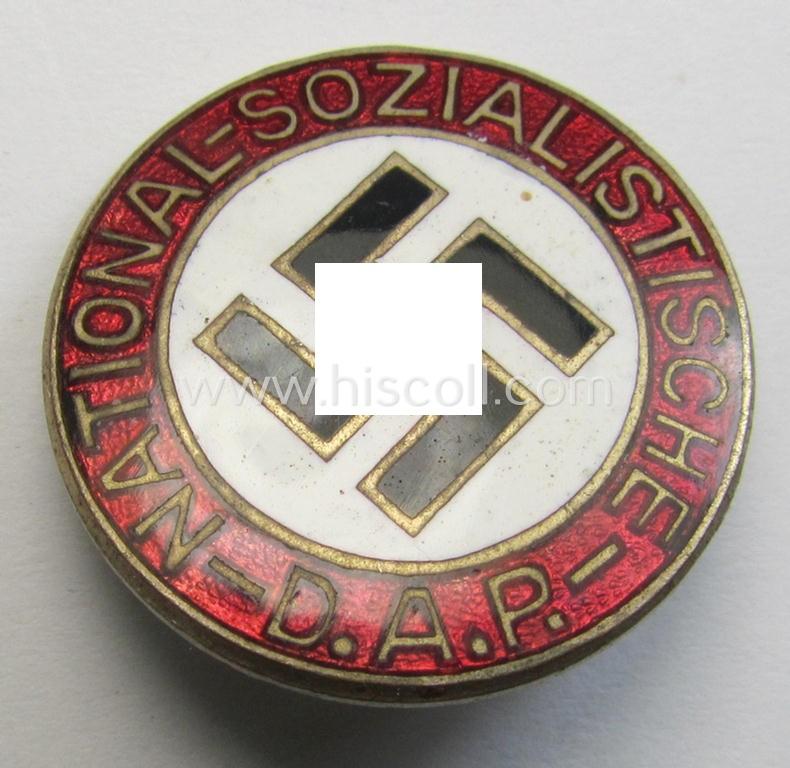 Superb - bright-red-coloured-, 'variant'-pattern and I deem early-period! - 'N.S.D.A.P.'-membership-pin- ie. party-badge (or: 'Parteiabzeichen') being a non-maker-marked specimen that bears a: 'Ges.Gesch.'-patent-pending-designation