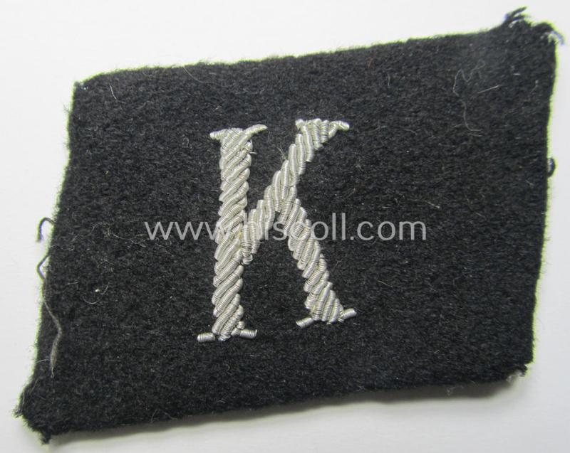 Attractive - and clearly used! - N.S.K.K.-related, so-called: 'RzM'-styled, hand-embroidered officers'- (ie. NCO-) type so-called: 'K'-collar-tab (as was presumably intended for usage by N.S.K.K.-officials tasked with control-tasks ie. 'Kontrolle')