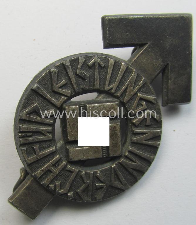 Attractive, HJ- (ie. 'Hitlerjugend'-) sports-badge (or: 'HJ-Leistungsrune') of the silver-class being a clearly maker- (ie. 'RzM - M1/101'-) marked- and/or: 'Buntmetall'-based specimen that shows an engraved (unique) bearers'-numeral ('144682')