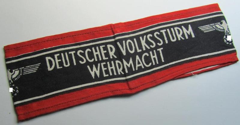 Superb, typically printed- and/or later-war-period, bright-red- and/or black-coloured so-called: 'Deutscher Volkssturm'-armband (ie. 'Armbinde') that comes in an overall very nice- (I deem hardly used- nor worn- ie. 'virtually mint'-), condition