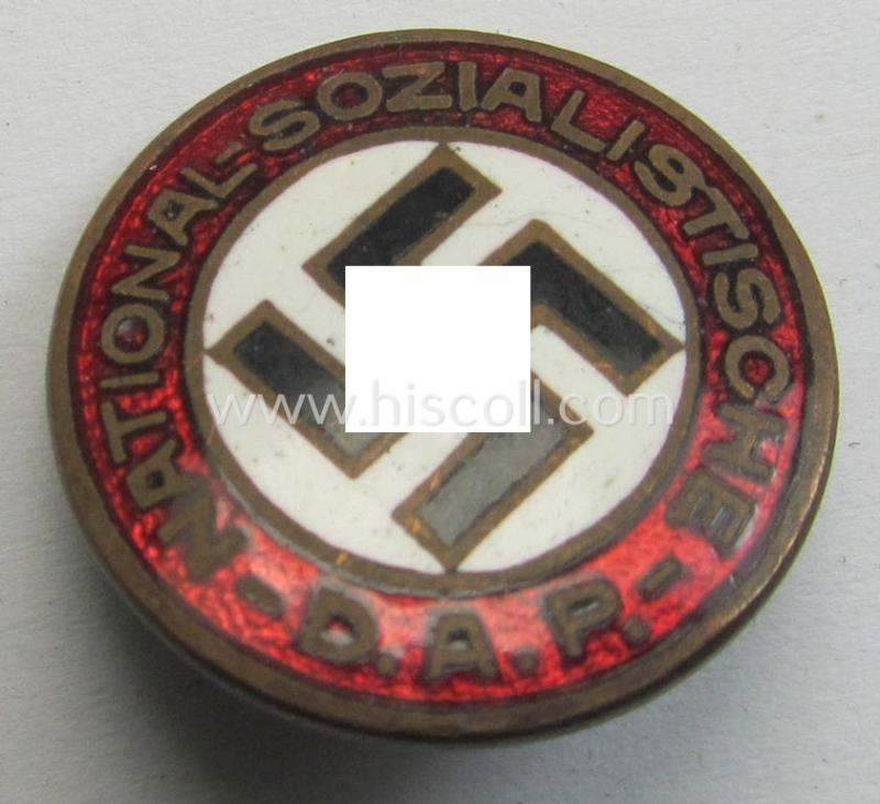 Superb - darker-red-coloured and very nicely preserved! - so-called: 'N.S.D.A.P.'-supporter-pin- ie. party-badge (or: 'Parteiabzeichen') being a smaller-sized, 'variant'-specimen that it totally void of a makers'-designation