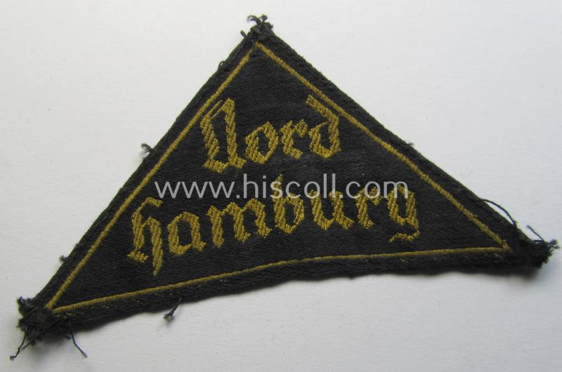 Attractive, 'HJ' (ie.'Hitlerjugend') district-triangle (ie. 'Gebietsdreieck') entitled: 'Nord Hamburg' (being a minimally used- ie. worn example that regrettably has lost its 'RzM'-etiket over the years)