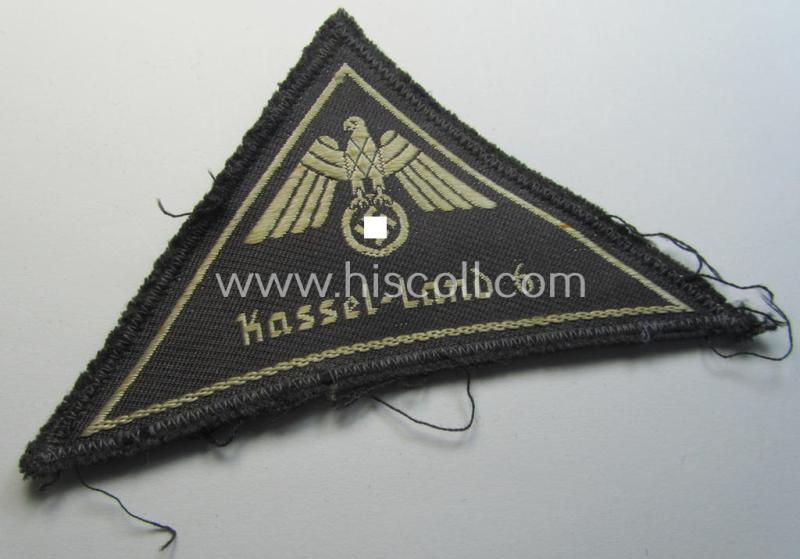 Attractive, German Red Cross (ie. 'Deutsches Rotes Kreuz' or 'DRK') greyish-coloured- and/or (typically) triangular-shaped arm-eagle entitled: 'Kassel Land 6' as was executed in the neat 'BeVo'-weave pattern