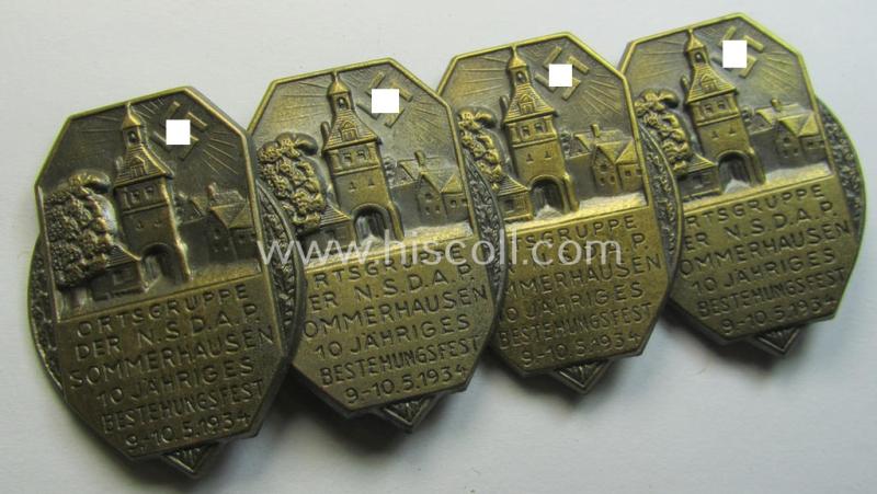 Attractive, golden-bronze-toned N.S.D.A.P.-related 'tinnie' (ie. 'Veranstaltungsabzeichen') showing an illustration of a towns'-view, sun-burst and text: 'Ortsgruppe der N.S.D.A.P. - Sommerhausen - 10 Jähriges Bestehungsfest - 9.-10.-5-1934'
