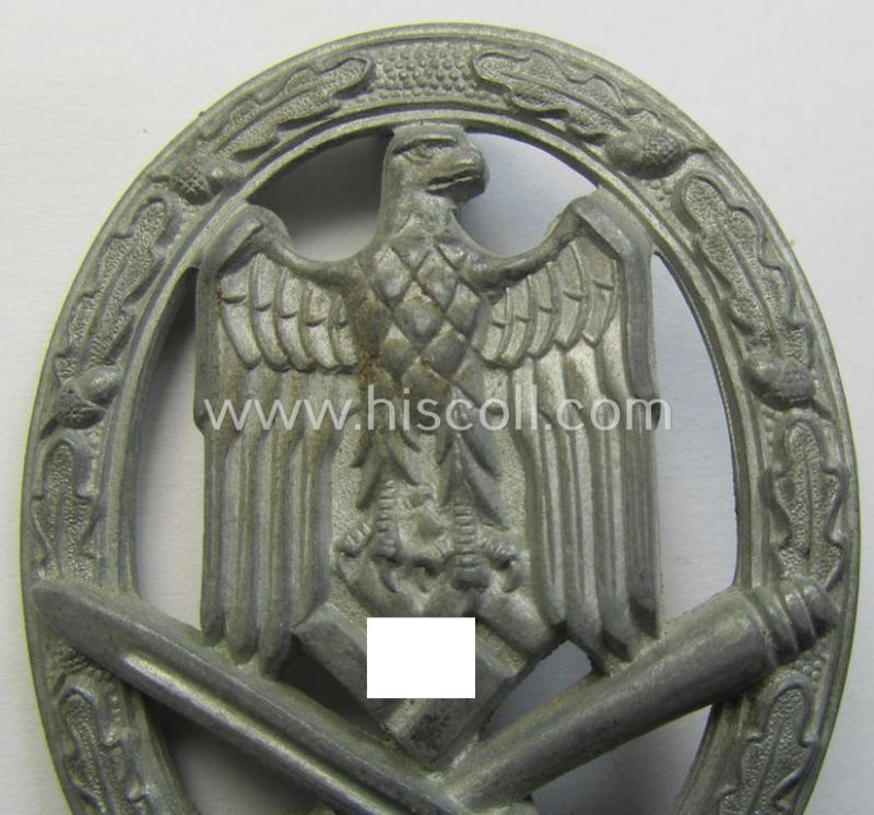 Attractive - and actually scarely seen! - 'Allgemeines Sturmabzeichen' (or: General Assault Badge ie. GAB) being a neatly maker (ie. 'A'-) marked, zinc- ie. 'Feinzink'-based-variant as was produced by the: 'Assmann & Söhne'-company