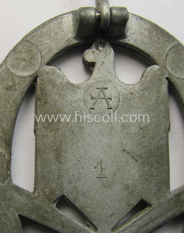 Attractive - and actually scarely seen! - 'Allgemeines Sturmabzeichen' (or: General Assault Badge ie. GAB) being a neatly maker (ie. 'A'-) marked, zinc- ie. 'Feinzink'-based-variant as was produced by the: 'Assmann & Söhne'-company