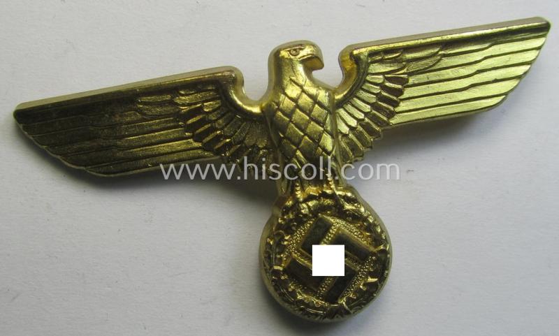 Superb - bright-golden-coloured- and/or: 'Feinzink'-based (political-style) visor- (ie. 'Schirmmützen'-) cap-eagle being a detailed example that is neatly: 'RzM' and/or 'M1/72' marked on its back