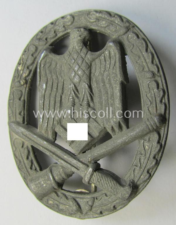Attractive - and actually very scarely seen! - 'Allgemeines Sturmabzeichen' (or: General Assault Badge ie. GAB) being a non-maker-marked, zinc- ie. 'Feinzink'-based, 'hollow'-variant as was produced by the: 'Hymmen & Co.'-company