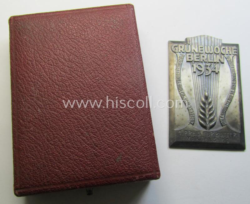 Attractive, silverish-toned (pre) 'Reichsnährstand'- (ie. 'RNSt.'-) related, commemorative-award-plaque entitled: 'Grüne Woche Berlin 1934 - 1. Preis für Butter - Molk. Gen. Belzig.' and that comes stored in its period etui