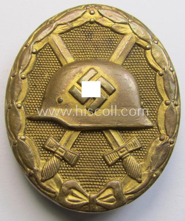 Attractive - luxuriously-styled albeit clearly used- and/or worn! - 'Verwundeten-Abzeichen in Gold' being a typical non-maker-marked- and/or: 'Buntmetall'-based example as was produced by the Austrian maker: 'Hauptmünzamt Wien'