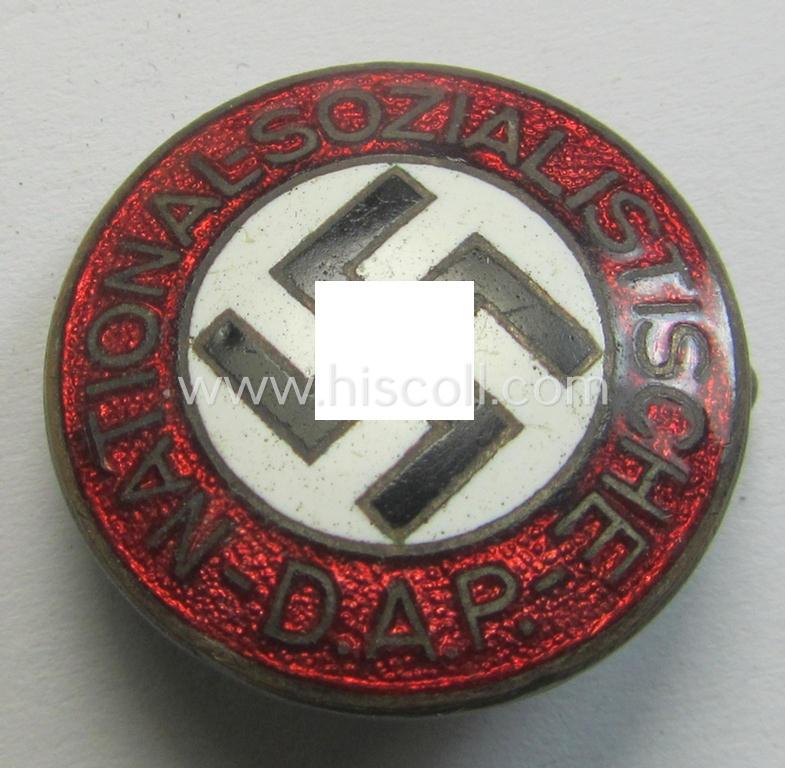 Superb - bright-red-coloured-, 'variant'-pattern and I deem early-period! - 'N.S.D.A.P.'-membership-pin- ie. party-badge (or: 'Parteiabzeichen') being a non-maker-marked specimen that bears a: 'Ges.Gesch.'-patent-pending-designation