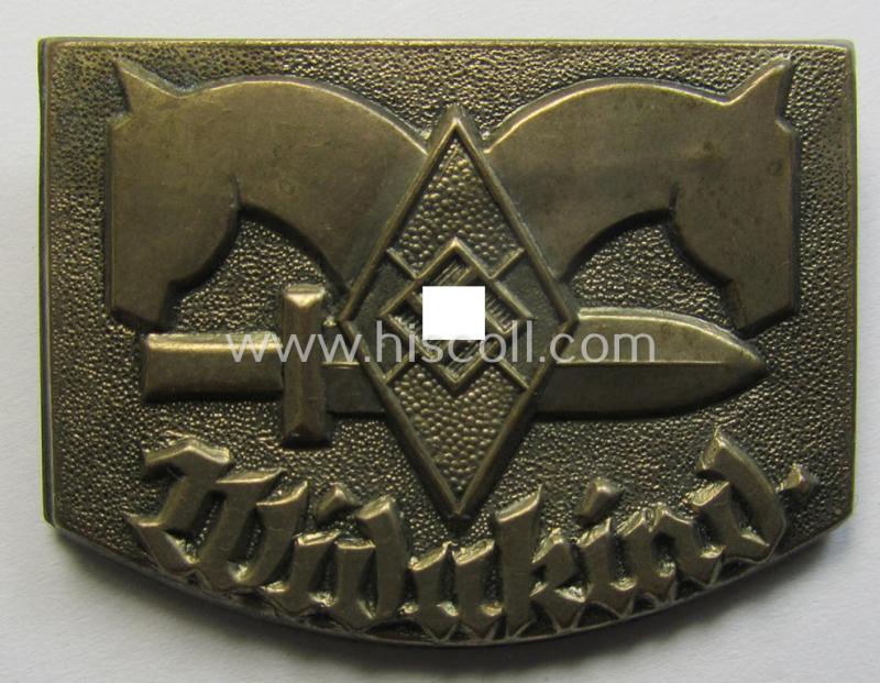 Superb - and scarcely encountered! - HJ (ie. 'Hitlerjugend') related 'tinnie' being a clearly maker- (ie. 'Hoffstätter - Bonn'-) marked example depicting a: 'HJ-Raute' and two-headed horses'-shield surrounded by the text: 'Widukind'