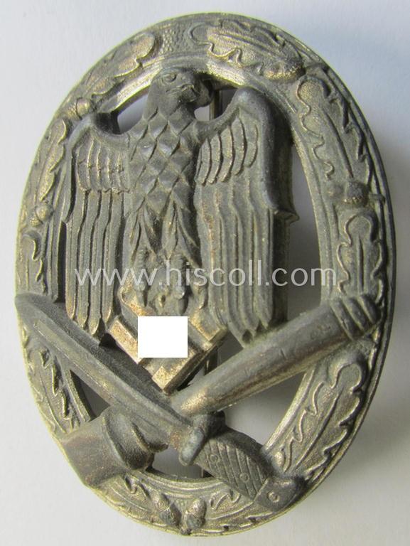 Very attractive 'Allgemeines Sturmabzeichen' (or: General Assault Badge ie. GAB) being a typical unmarked, zinc-based- (ie. 'Feinzink'-) and/or: 'flat-back'-pattern as was (I deem) produced by the: 'Gustav Brehmer'-company