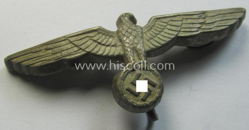 Neat, WH (Heeres) tarnished silver-toned (ie. 'Buntmetall'-based), EM- (ie. NCO- or officers') type visor-cap-eagle being a non-maker-marked example that comes in a just minimally used- ie. once cap-attached, condition