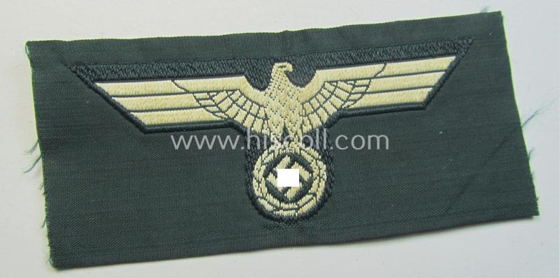 WH (Heeres) pre- (ie. early-) war-period- and/or white-coloured WH (Heeres) type side-cap-eagle as executed in the neat 'BeVo'-weave pattern onto a darker-green-coloured background