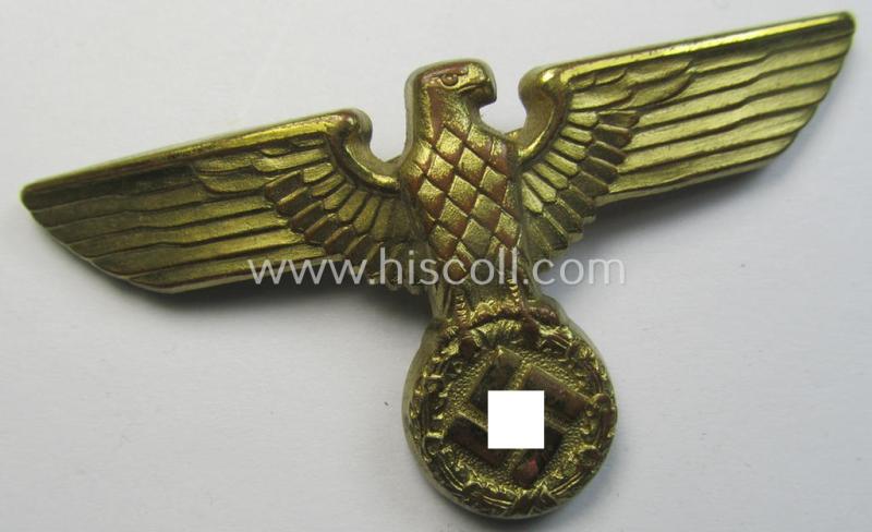Attractive - bright-golden-coloured- and/or: 'Buntmetall'-based (political-style) visor- (ie. 'Schirmmützen'-) cap-eagle being a detailed example that is neatly: 'RzM' and/or 'M1/47' marked on its back