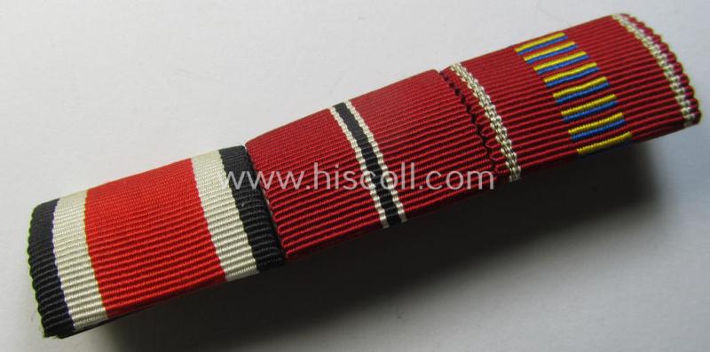 Neat, 3-pieced, WH (Heeres etc.) medal-bar (ie. 'Feld- o. Bandspange') showing resp. the ribbons for an: 'Eisernes Kreuz II. Klasse' (or: iron cross second class), an: 'Ost'-medal and a: Romanian medal 'Kreuzzug gegen den Kommunismus'