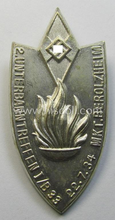 Superb - and scarcely encountered! - HJ- (Hitlerjugend-) related day-badge (ie. 'tinnie' or: 'Veranstaltungsabzeichen') as was issued to commemorate a HJ-related gathering ie. rally named: '2. Unterbanntreffen I/B 33 - 22.7.34 - Mkt. Berolzheim'