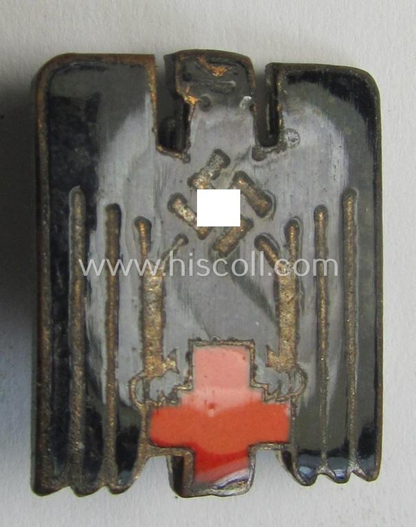 Multi-coloured- and/or neatly enamelled! - DRK (ie. 'Deutsches Rotes Kreuz') civil-attire badge (ie. 'Zivilabzeichen des D.R.K.') being a very detailed example that is void of a makers'-mark but that shows a: 'Ges.Gesch.'-patent-designation