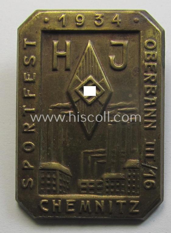 Superb - and rarely found! - HJ- (ie. 'Hitlerjugend'-) related day-badge (ie. 'tinnie' or: 'Veranstaltungsabzeichen') as was issued to commemorate a HJ-related sports-event named: 'H.J. Sportfest - Oberbann III/16 - Chemnitz - 1934'