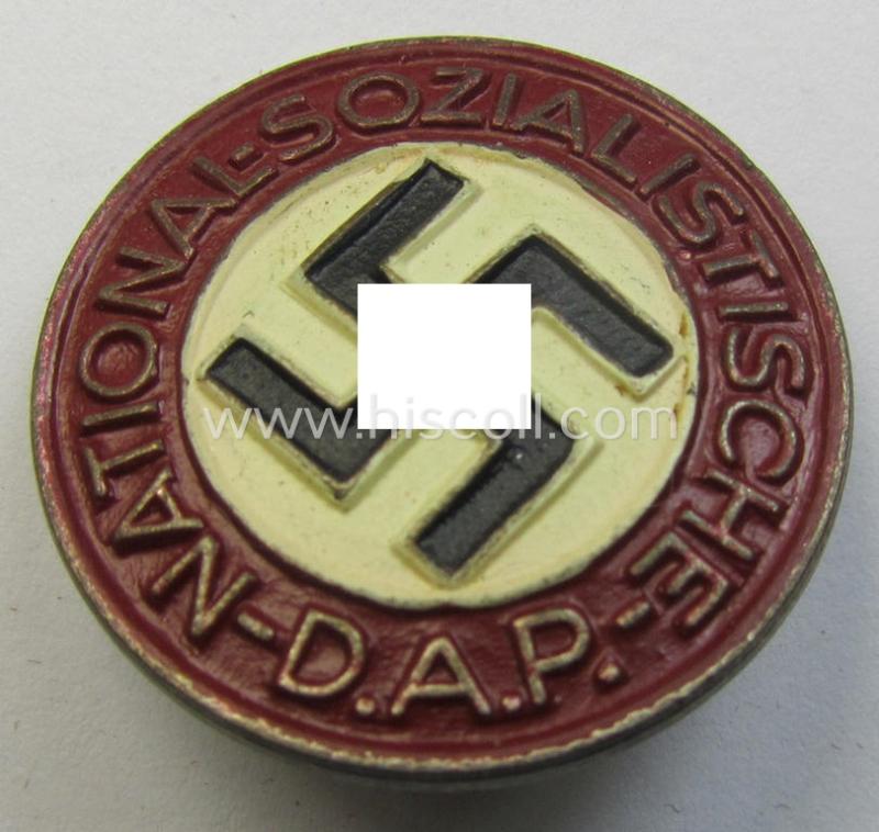 Superb, non-enamelled (ie. painted) bright-red-coloured- and/or 'variant'-pattern 'N.S.D.A.P.' membership-pin- ie. party-badge (or: 'Parteiabzeichen') which is nicely maker-marked on the back with the makers'-designation: 'RzM' and/or: 'M1/148'