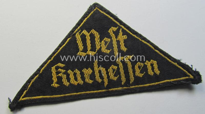 Attractive - and not that easily found! - 'HJ' ('Hitlerjugend') district-triangle (ie. 'Gebietsdreieck') entitled: 'West Kurhessen' (being a moderately used- ie. worn example that still retain its period-attached 'RzM'-etiket)