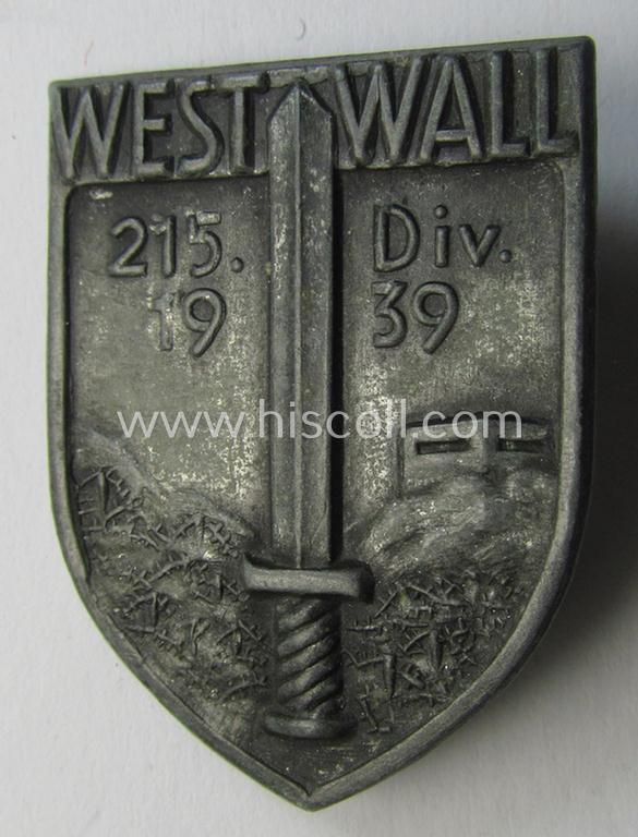 Attractive - and actually quite scarcely encountered! - WH (Heeres) so-called: 'Truppen-Traditionsabzeichen des 215. Infanterie Division' as executed in greyish-coloured zinc-based metal (ie. 'Feinzink')