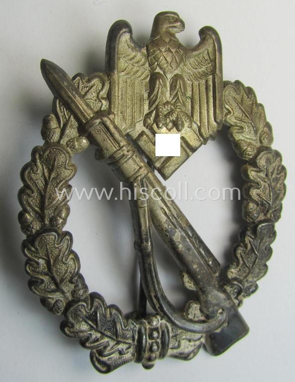 Superb, 'Infanterie Sturmabzeichen in Silber' (or: silver-class infantry-assault-badge ie. IAB) being a non-maker-marked, 'Buntmetall'-based so-called: 'hollow-back'-example as was produced by the: 'Otto Schickle'-company