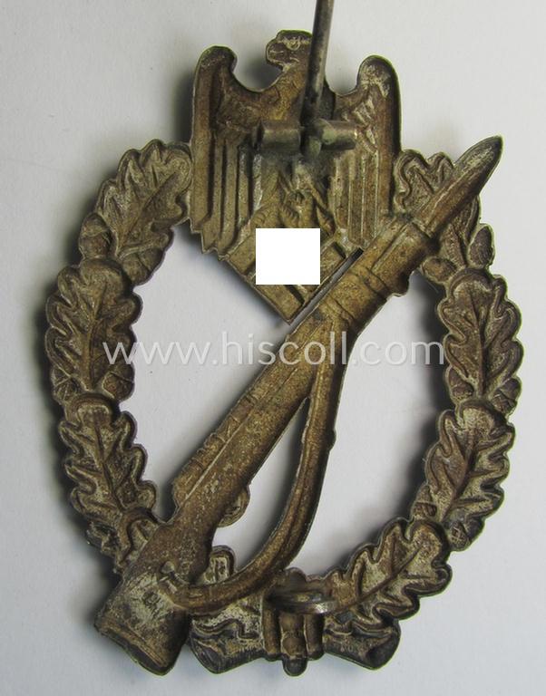 Superb, 'Infanterie Sturmabzeichen in Silber' (or: silver-class infantry-assault-badge ie. IAB) being a non-maker-marked, 'Buntmetall'-based so-called: 'hollow-back'-example as was produced by the: 'Otto Schickle'-company