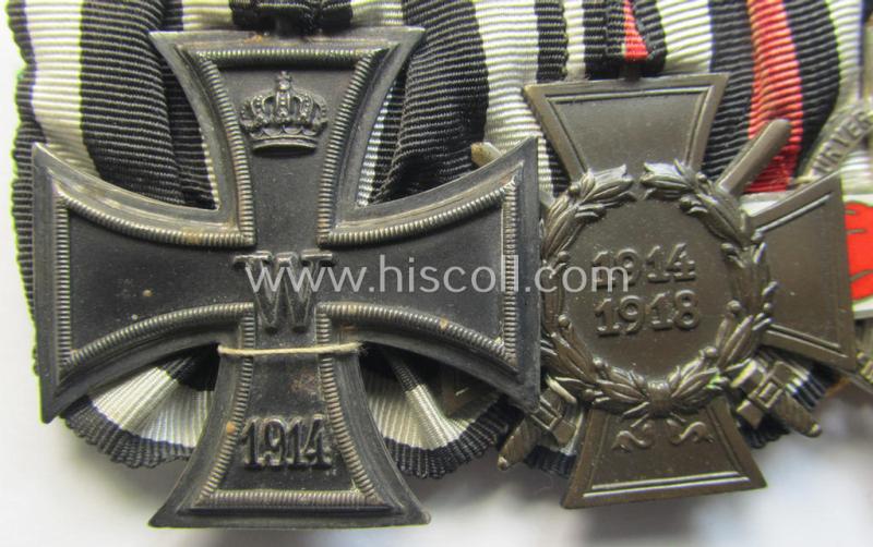 Attractive - and neatly maker-marked! - WWI- (ie. TR-) period so-called: 'Ordenspange' (being of the non-'detachable-pattern') showing resp. an: 'EK II. Kl.'. a: 'FKK 1914-18 mit Schw.' and a: 'Feuerwehr-Ehrenzeichen der II. Stufe'