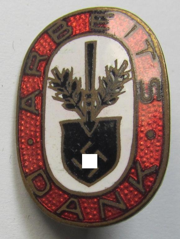 Neatly enamelled 'Reichsarbeitsdienst'- (ie. RAD-) related so-called: 'Mitglieds- o. Zivil-Abzeichen' being an attractive and patent-pending- (ie. 'Ges.Gesch.'-) marked example that shows the text: 'Arbeitsdank'