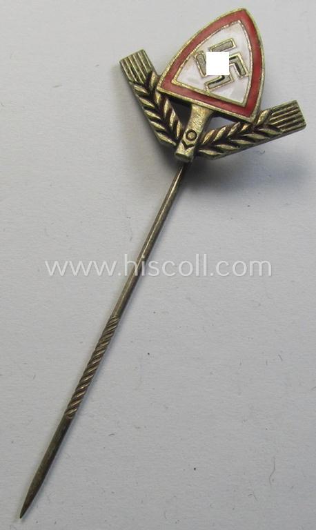 Neatly enamelled, 'RAD/M' (ie. 'Reichsarbeitsdienst für Männer' or: German Labour Service for men) so-called: civil badge (or: 'Zivilabzeichen') being of the larger-sized pattern that comes mounted onto its long-sized pin
